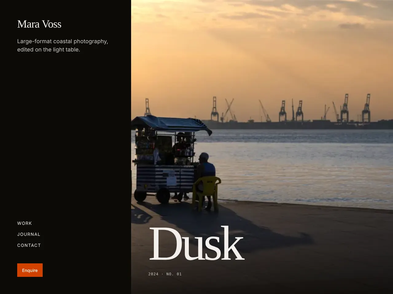A photography portfolio site built with Nexus, shown in dark mode